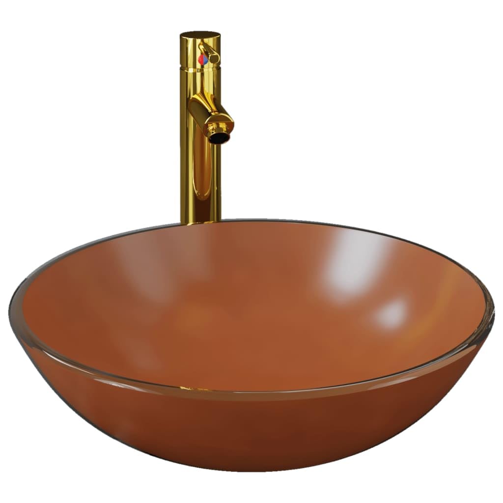 Lavabo de cristal con grifo y desagüe, redondo, marrón y dorado | Lavabo de cristal templado para baño con grifo y válvula de desagüe en color marrón y dorado.