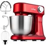 LEHMANN Robot Pâtissier avec kit d'accessoires, 1500 W, 12 Vitesses, Bol Mélangeur 5 L, Petrin avec 3 Mélangeurs - Fouet, Batteur, Crochet, Couvercle Anti-éclaboussures, Antidérapant, Rouge