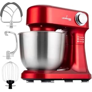 LEHMANN Küchenmaschine mit Zubehör-Set, 1500W, Rührmaschine mit 12 Geschwindigkeiten, 5L Rührschüssel, Überhitzungsschutz, Rutschfest, Knetmaschine mit 3 Rühreinsätze und Spritzschutz, Rot