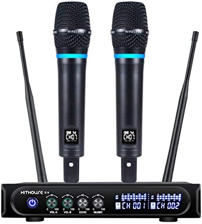 Kithouse S9 UHF Rechargeable Wireless Microphone System Karaoke Microphone Wireless Mic Cordless Dual with Bluetooth Receiver Box + Volume Control ECHO for Karaoke Singing Speech Meeting Church, 200FT
