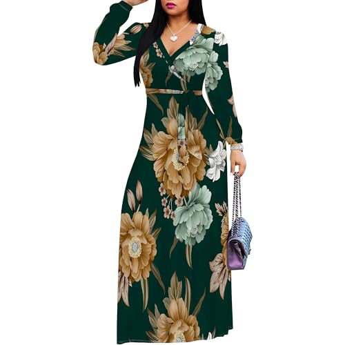 Image of Women Plus Size Long Sleeve V Neck Maxi Dress with Belt | Soft fabric relaxed fit three quarter sleeve v neck with pockets for party and daily wear