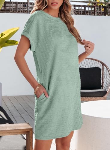 Image of EVALESS Womens Summer Dresses 2026 Fashion Short Sleeve Cute Spring Mini Dress Crewneck Casual Beach Vacation Dresses
