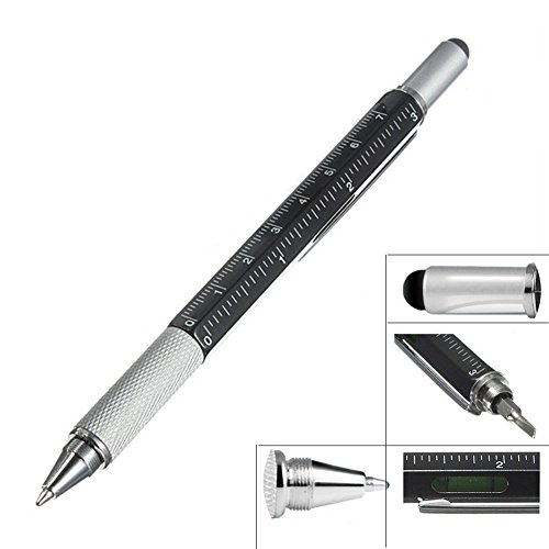 Penna a sfera tecnologica multi utensile 6 in 1, con pennino per schermo tattile/cacciavite a testa piatta e Phillips/righello/livella a bolla; attrezzo multifunzione da uomo, nero