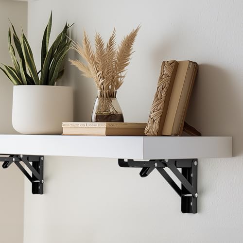 Image of 6 Inch Folding Shelf Brackets, 2 Pack (1 Pairs) Heavy Duty Metal Collapsible Wall-Mounted Brackets, Space-Saving DIY Foldable Shelf for Benches and Tables, Matte Black