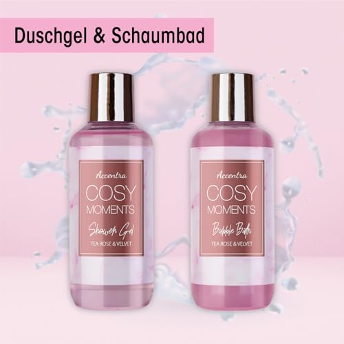 Accentra Cosy Moments Bath Set Gift Set for Women with 150 ml Shower Gel, 150 ml Bubble Bath, 150 g Bath Salt, 90 g Bath Bomb, 60 ml Hand Cream, 30 g Soap and 15 g Mesh Sponge in Shiny Bathtub