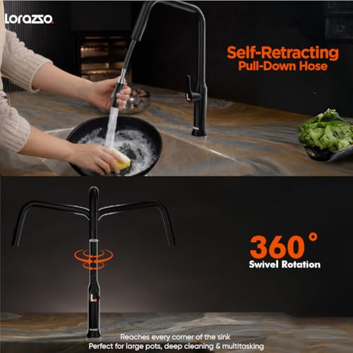 Image of Lorazzo ARCUS Stainless Steel 304 Pull-Down Kitchen Faucet with Hot & Cold Mixer | 360 Swivel Sink Tap | Dual Spray Kitchen Tap | Deck Mounted Kitchen Sink Faucet | 10Y Warranty (Arcus Black)
