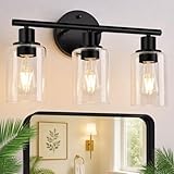 Zarbitta 3-Light Bathroom Light Fixtures, 17.23' Black Modern Vanity Lights with Clear Glass Shade, Bathroom Wall Lamp for Mirror Kitchen Living Room Hallway Cabinet Porch