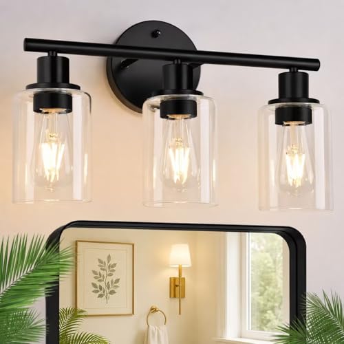 Zarbitta 3-Light Bathroom Light Fixtures, 17.23' Black Modern Vanity Lights with Clear Glass Shade,...
