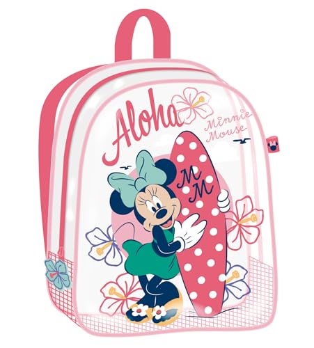 ARDITEX Mochila de Playa Transparente Minnie Mouse Aloha – 31x25x23 cm – PVC con base de rejilla – Ideal para la playa – Perfecta para llevar juguetes y mantenerlos organizados