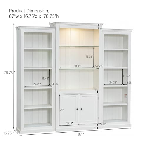 Merax 3-Pieces White Bookshelves 87"x17"x79" Tall Bookshelf with Cabinet Door, 5 Colors Adjustable LED Cabinet Ceiling Light, 5-Tier Collection Bookcase for Home Office Studio - Image 3