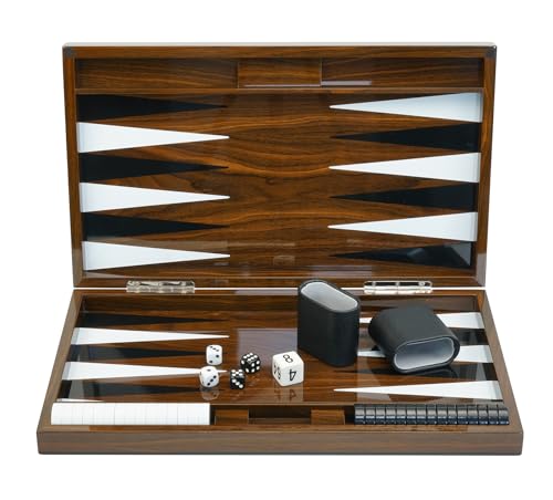 Deluxe Wood 18" Lacquered Backgammon Board Game Set with Premium Leather Dice Cups and Acrylic Game Chips