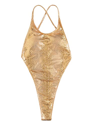 Sweatyrocks Women's Metallic Criss Cross One Piece Swimsuit Monokini High Cut Bathing Suit Gold M #TOP2