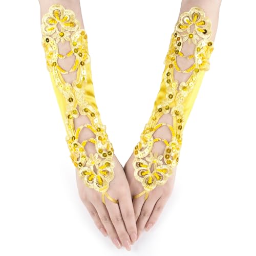 JISEN Women Banquet Party Fingerless Elegant Lace Embroidered Bridal Gloves 11 Inch Yellow