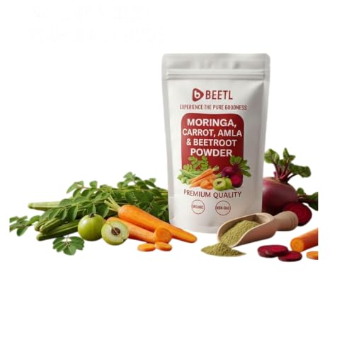 Image of BEETL Moringa Carrot Amla & Beetroot Powder Blend | Mixed Vegetable Powder | Plant Based Blend for Smoothies, Juices, Beverages & Recipes | 100 g
