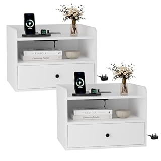 BonVache Bedside Table Set of 2 with Drawer and Charging Station, Bedroom Floating Nightstand with Open Shelf for Modern Home Design, White