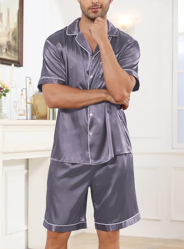 Image of Veseacky Mens Silk Satin Pajamas Set Short Sleeve Sleepwear Button-Down Pjs Sets Two-Pieces Loungewear with Pockets S-XXL