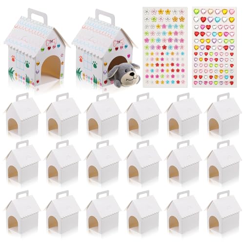 24 Pcs Dog Party Favors Boxes, 3.94×4.72×7.09 Inch White Dog House Shaped Gift Boxes with Holes and Handle Foldable Gift Case with 2 sheets Stickers for Puppy Pet Adoption Kids DIY Crafting Birthday