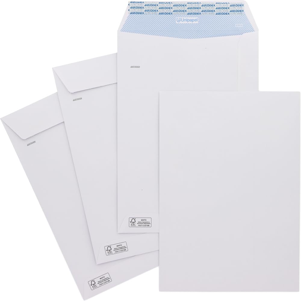Unipapel - Sobres Papel Blancos 100g, 229x324mm, 50 Unidades, Tipo Bolsa, Tira Autoadhesiva Silicona Autodesk, Apertura Superior, FSC, Documentos A4 Sin Pliegues