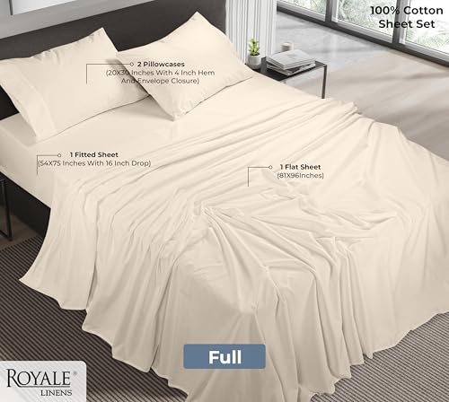 Image of ROYALE LINENS 100% Organic Cotton Full Sheet Set - Percale Weave - 4 Pieces Set - 1 Flat, 1 Deep Pocket Fitted Sheet and 2 Pillowcases - Cream Bed Sheets - Sabanas Full - Crisp Cool (Cream)