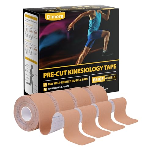Image of Dimora Kinesiology Tape, 80 Count Precut Strips 4 Rolls, Original Cotton, 10 inch Elastic Athletic Tape for Muscle Pain Relief and Joint Support, Beige