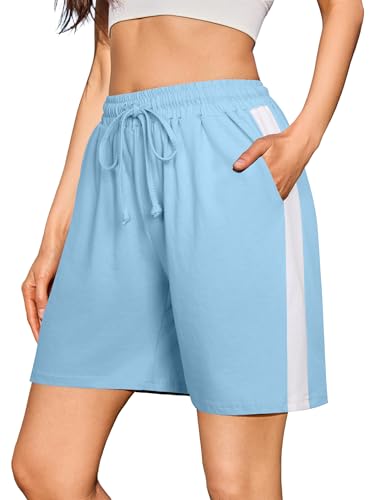 Litherday Pantalones Cortos Mujer Algodón Verano Deportivos con Bolsillos y Cordón Ajustable para Yoga Fitness Running Gimnasio, Azul Cielo, M