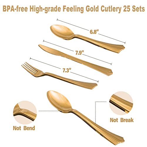 175Pcs Black And Gold Party Supplies, Severs 25 Disposable Party Dinnerware, Gold Plastic Forks Knives Spoons And Golden Dot Black Paper Plates, Black Napkins Cups For Graduation, Birthday, Wedding #TOP2