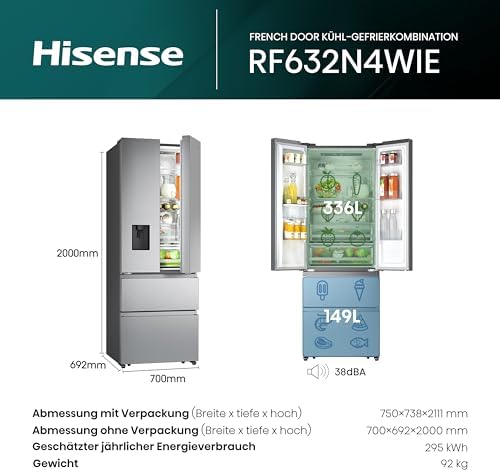 Bild 1 - Hisense RF632N4WIE French Door Kühl-Gefrierkombination/ NoFrostPlus/ Inverter-Kompressor/ Wasserspender/ CrispZone/ 200 cm/ Kühlteil 336 l/ Gefrierteil 149 l/ 38 dB/ 295 kWh/ Jahr/ Inox-Look