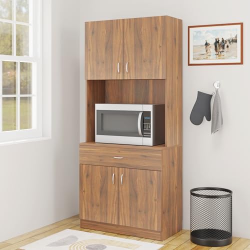 Image of VIKI Furniture | Kitchen Cabinet - Drawer with Doors & Open Shelves, Organizer for Kitchen, Bedroom, Hallway & Living Room (Brussel Walnut - 40D x 80W x 180H cm) | 1 Year Warranty