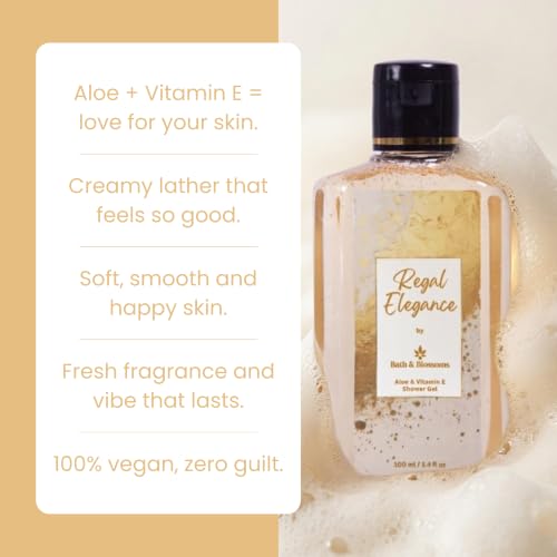 Image of Bath & Blossoms Regal Elegance Shower Gel | Warm Amber & Musk | Rich Foaming Lather | Aloe Vera & Vitamin E | Hydrating Gentle formula suitable for all skin types | 100% Paraben Free & Vegan | Premium Body Care