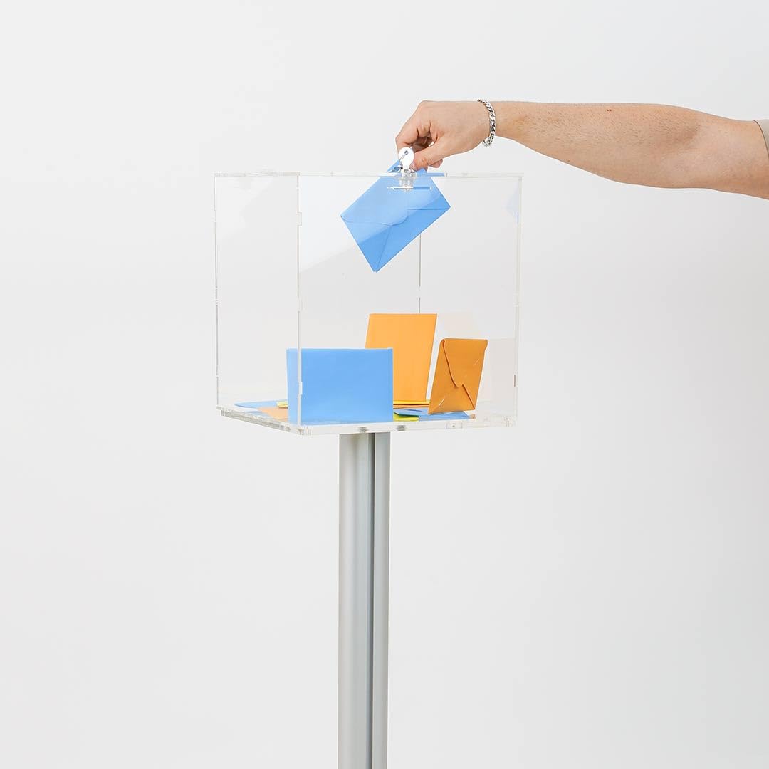 Danieli - Cassetta per Suggerimenti, Votazioni e Buste Matrimonio 30x30 con Chiave e Lucchetto, in Acrilico Trasparente, da Terra. Ideale per Imbucare Biglietti. (30 x 30 x 30 cm)