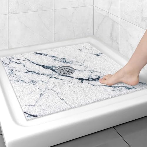 Image of Square Shower Mat Non Slip: 27x27 Inch Shower Floor Mat with Drain Hole in Middle, Super Soft and Comfortable PVC Loofah Massage Bath Mat for Shower, Anti Slip Shower Stall Mat, Quick Drying
