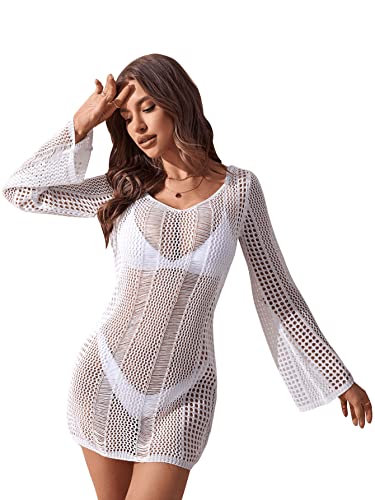 Image of Floerns Women's Crochet Cover Up Long Sleeve Hollow Out Bikini Swimsuit Beach Cover Up Swimwear
