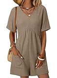 AlvaQ Jumpsuits for Women Casual Summer Womens Fashion Romper Spring V Neck Short Sleeve Pocketed Shorts Rompers Trendy Outfits Khaki Large