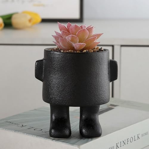 MISNODE Fake Succulents Plants with Human Shaped Ceramic Pots, Cute Small Fake Plant, Artificial Fake Plant, Artificial Greenery Desk Plants for Office Home Table Shelves Decor(Black C) - Image 2