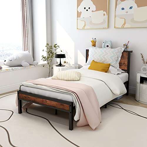 Diolong Twin Bed Frame With Wood Headboard And Footboard, Platform Bed Frame With Storage Shelf, Heavy Duty/Steel Slat Support Mattress Foundation/No Box Spring Needed/Vintage Brown #TOP5