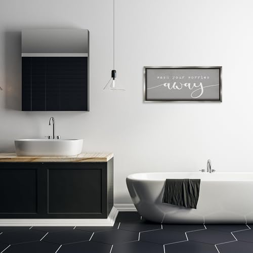 Image of 'Wash Your Worries Away Phrase'| Floating Frame Canvas Art | Stupell Industries | Gray, 31 x 14 Inches, Easy to Hang and Sturdy, Made in USA, by Lil' Rue