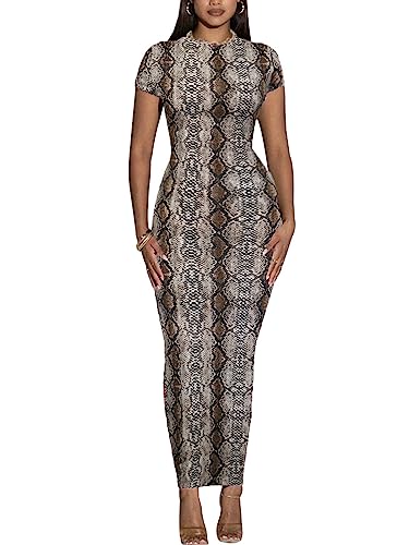 Image of Women's Long Bodycon Dresses Leopard Print Casual Maxi Club Party Tight Dress Short Sleeve