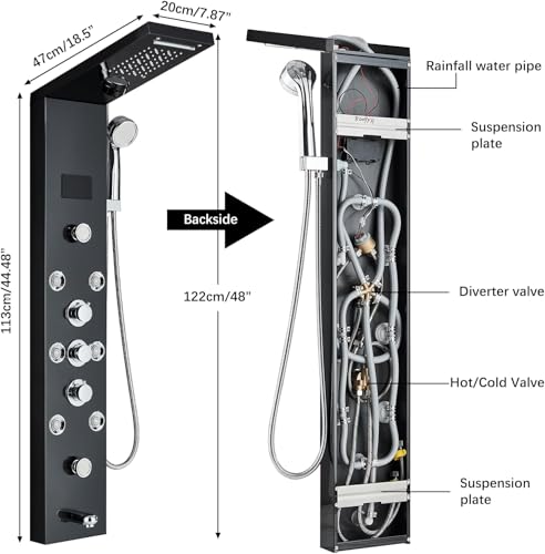 Image of Backline Shower Panel Stainless Steel 304 Grade 6 in 1 Thermostatic System With LED Rainfall Shower | Hot & Cold Water Adjustable | Hand Shower | Body Mist Spray | Water Spout