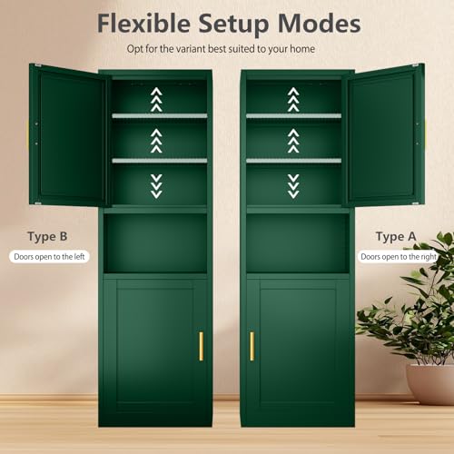 Image of Tall Narrow Pantry Cabinet for Kitchen, 67 inch H Metal Storage Cabinets with Doors and 3 Adjustable Shelves for Dining Room, Living Room and Home Office (20 inches Wide Green)