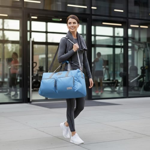 Image of Lucky Brand Unisex Adult Large Duffle Adjustable Shoulder Strap Foldable Overnight Weekender Bag, Light Blue, 65L, Lky-325-46-65