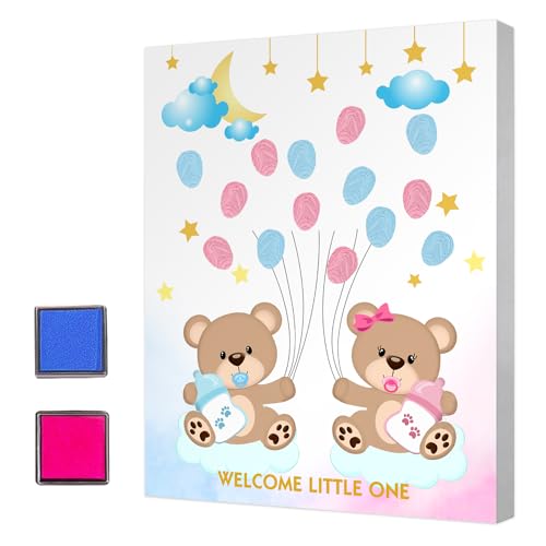 Árbol de huellas dactilares de revelación de género para baby shower, juego de revelación de género de oso, fiesta de revelación de género, recuerdo de revelación de género, decoración de lona