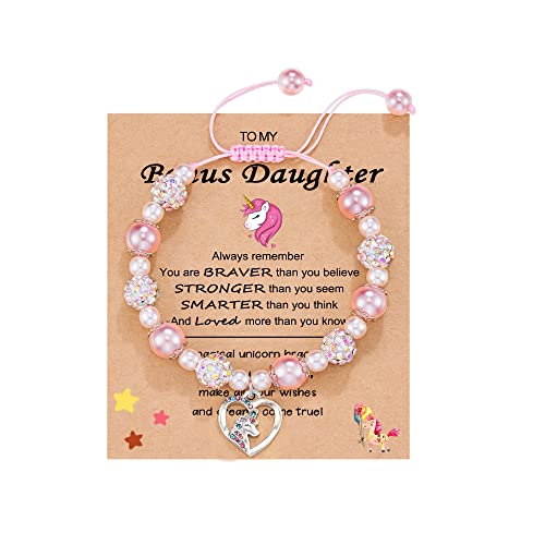 HGDEER Christmas Gifts for Kids Girls | Unicorn Stocking Stuffers for Daughter/Granddaughter/Niece | Pink Pearl and Rhinestone Balls Bracelet | Adjustable Length