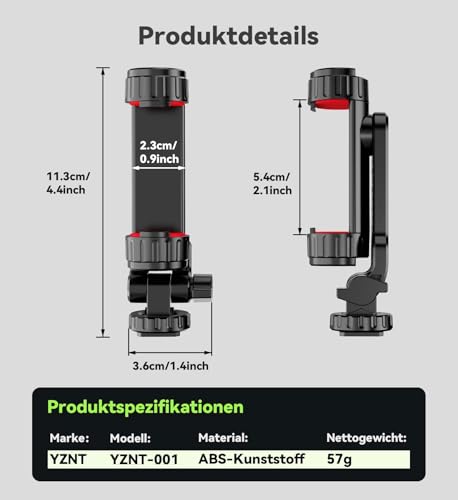 YZNT Handyhalterung für Stativ, Universeller Stativ Handyhalterung mit 2 Standard-Kaltschuhe und 1/4-Zoll-Standardschraube, 360° Drehbar & 180° Neigung, Kompatibel mit iPhone, Android & Kamera