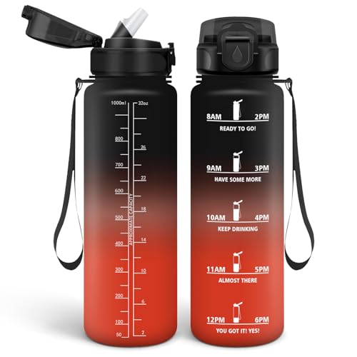 HoneyHolly Botella Agua 1 Litro, Libre de BPA & Prueba de Fugas, con Pajita, Botella Agua Gimnasio, con Marcador de Tiempo, Cantimplora para Sport, Bicicleta, Gimnasio, Escuela