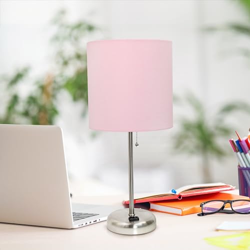 Simple Designs LT1144-LPK Sleek and Slender Brushed Steel Table Lamp with Charging Outlet, for Bedroom, Living Room, Entryway, Office, Dining Room, Study, Light Pink Shade