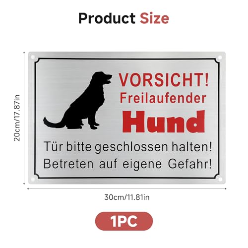 30 × 20cm Vorsicht Hund Schild,Aluminium Warnung Vor Dem Hund Schilder Achtung Hund Schild Löchern Warnschild Hund Hundeschilder Warnung mit Selbstklebend und 4 Vorgebohrten