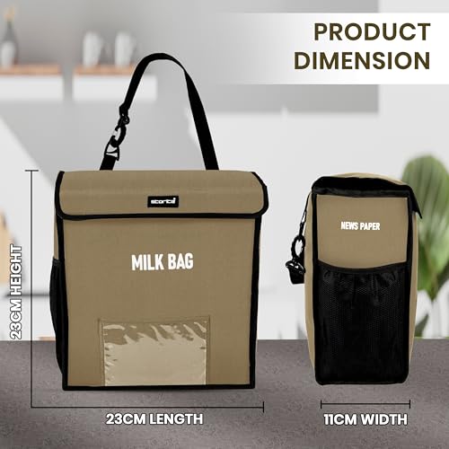 Image of Storite Milk Bag for Door Hanging - Insulated and Waterproof Storage for Milk Sachets, Bottles, Outdoor Gate Delivery Basket Box with Pocket for Notes and News Paper (Beige, Small (23x11x23cm)