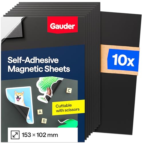 GAUDER Self-Adhesive Magnetic Sheets - Cuttable Magnet Paper for Crafts, Photos and Signs - Magnetic Film for Home, School and Office (10 PCS - 153 x 102 mm)
