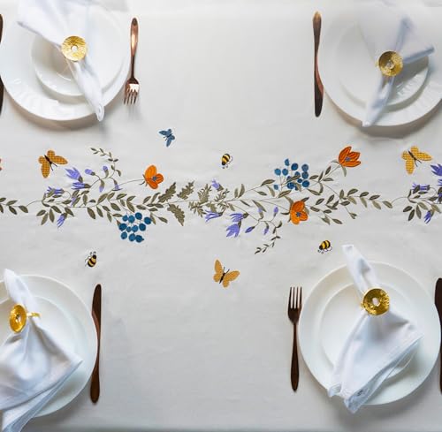 Image of Embroidered Cotton Tablecloth, Flutter Bloom, 60 x 75 in | Premium heavyweight chambray cotton, all-over embroidery, 4-seater rectangle, machine washable, elegant dining and hosting