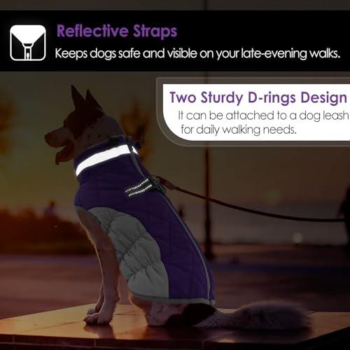 Image of AOFITEE Dog Coat, Warm Dog Winter Coat for Large Dogs, Reflective Turtleneck Dogs Jacket with Harness Built in, Waterproof Windproof Pet Puffer Jacket Fleece Vest for Cold Weather, Purple XXXL